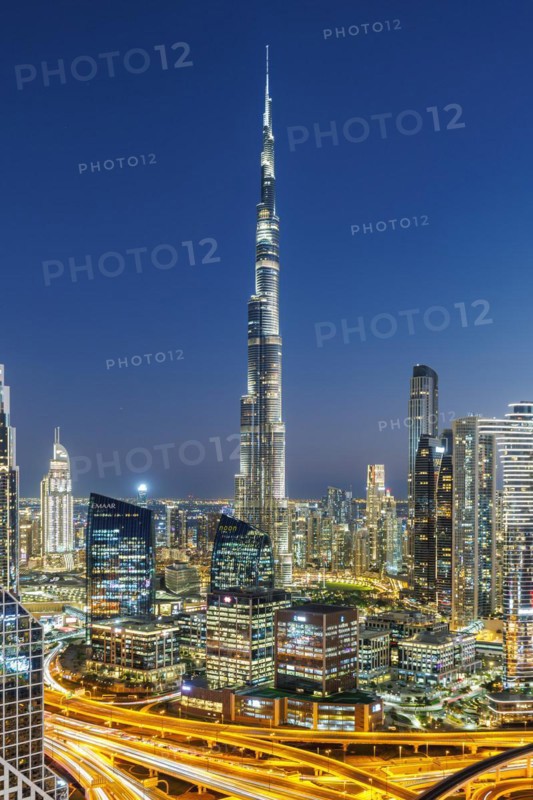 Burj Khalifa skyline tallest building in the world from above in Downtown at night in Dubai, United Arab Emirates, Asia