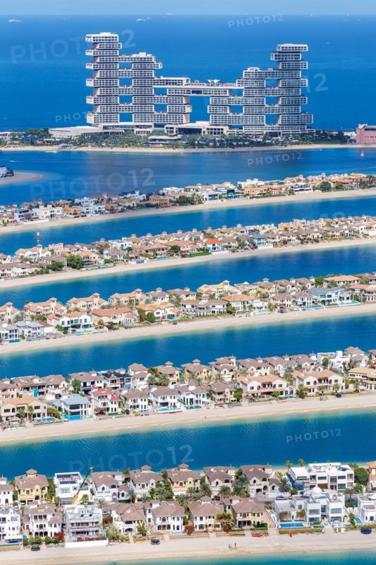 The Palm Jumeirah with Atlantis The Royal Hotel artificial island from above in Dubai, United Arab Emirates, Asia