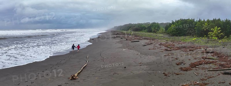 Two tourists on the beach, coast with rainforest, Tortuguero National Park, Costa Rica, Central America