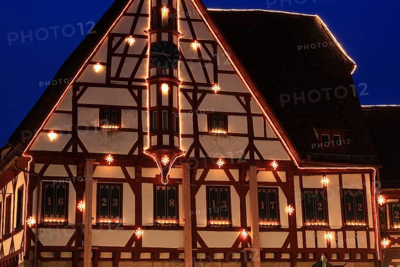Advent calendar at the town hall, Christmas market in Forchheim, Upper Franconia, Bavaria, Germany, Europe