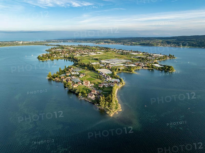 Aerial view, of the north-western tip of the island of Reichenau in Lake Constance, with the district of Niederzell and the columned basilica of St Peter and Paul, with Windegg Castle on the shore, district of Constance, Baden-Württemberg, Germany, Europe