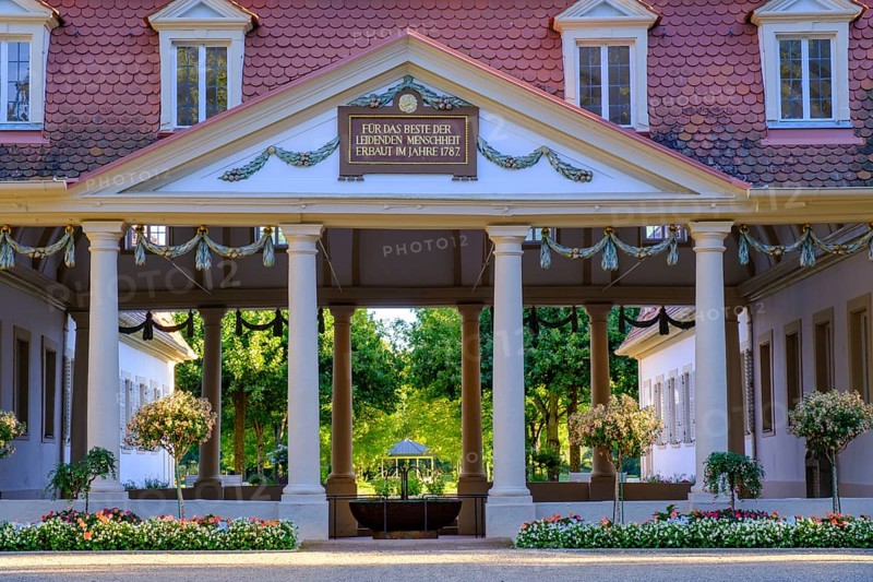 Spa hotel, fountain temple, spa gardens, Bad Bocklet, Biedermeier spa, Rhön, Lower Franconia, Bavaria, Germany, Europe