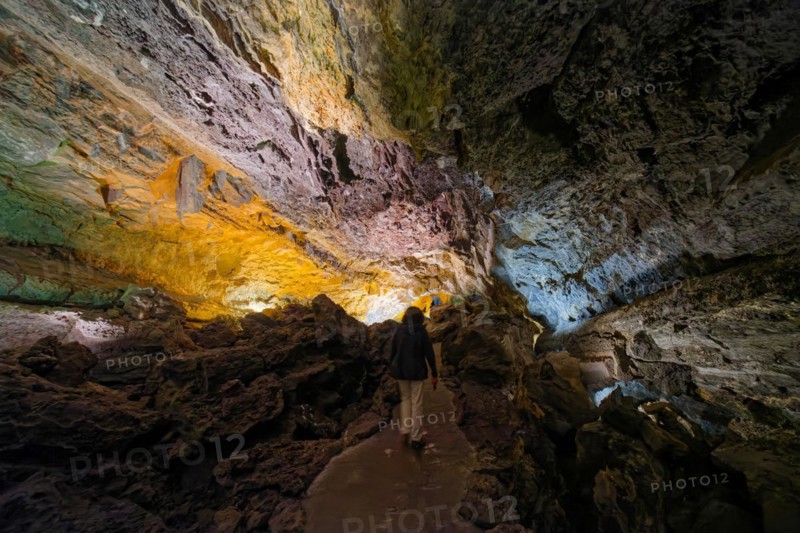 Lava tunnel Cueva de los Verdes with the light installation by Jesús Soto, Costa Teguise, Lanzarote, Canary Islands, Canary Islands, Spain, Europe