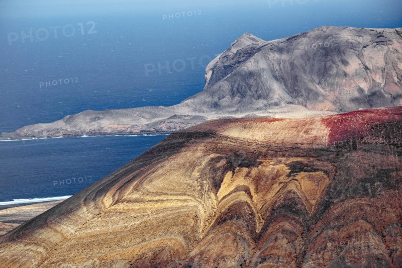 Volcano and rock formations at the Mirador del Río viewpoint, designed by the artist César Manrique, Lanzarote, Canary Islands, Canary Islands, Spain, Europe