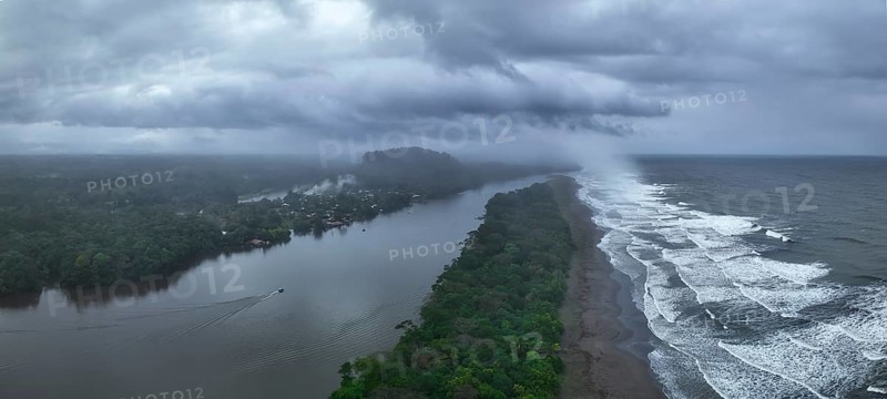 Aerial view, beach and sea, coast with rainforest, Tortuguero National Park, Costa Rica, Central America
