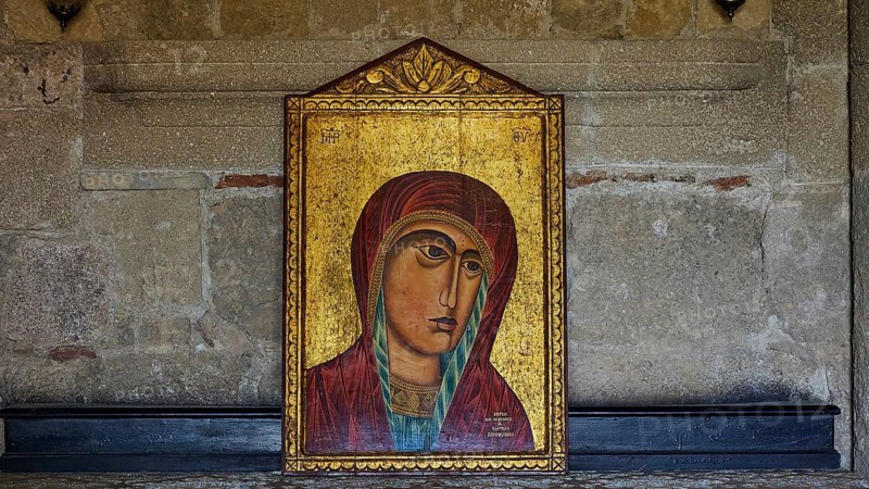 Icon of the Mother of God, close-up of a religious icon, Mary with baby Jesus, on a golden background, Monastery of the Mother of God of Mount Filerimos, Filerimos, hill not far from Rhodes town, Ancient State of Ialyssos, Rhodes, Dodecanese, Greek Islands, Greece, Europe