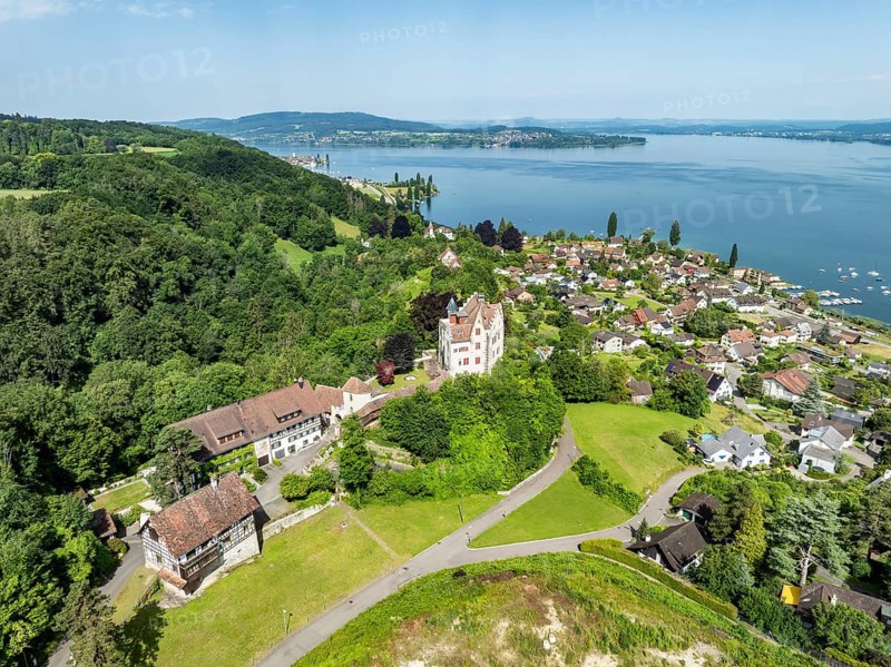 Aerial view of Salenstein Castle above the municipality of Mannenbach-Salenstein on western Lake Constance, with the Höri peninsula and the Hegau mountains on the horizon, Canton Thurgau, Switzerland, Europe
