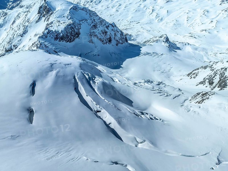 Aerial view, snow-covered mountain landscape, glacier with crevasse on Cevedale, Ortler group, Trento, Italy, Europe