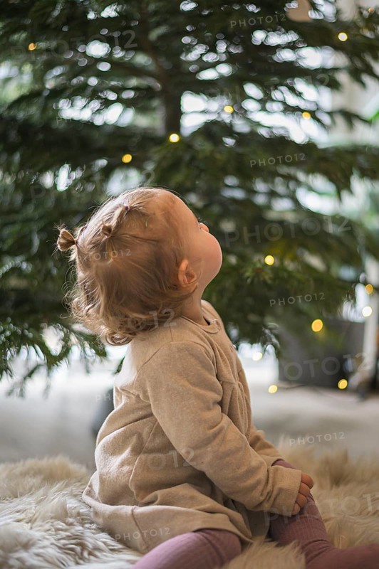 A small child sits in front of a decorated Christmas tree with lights in a cosy room and looks up at the tree