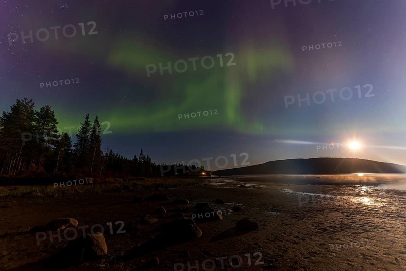 Northern lights, (Aurora borealis) at a lake near Kiruna, September 2024, Lapland, Sweden, Europe