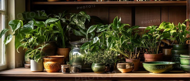 A sunlit kitchen corner, with a rustic wooden shelf holding neatly arranged ceramic bowls and a single, vibrant green houseplant, AI generated