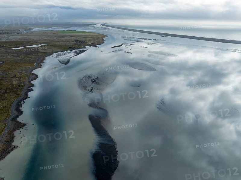 Aerial view of the coast, offshore sandbank, clouds are reflected on the water, east of Höfn, East Fjords, Iceland, Europe