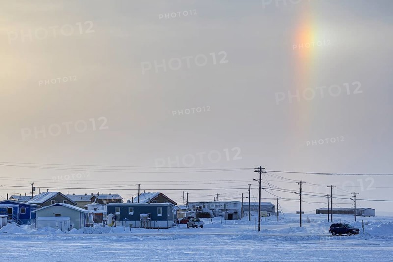 Place, houses, Inuit settlement, sunset, halo effect, Arctic, cold, snow, clouds, Tuktoyaktuk, Northwest Territories, Canada, North America