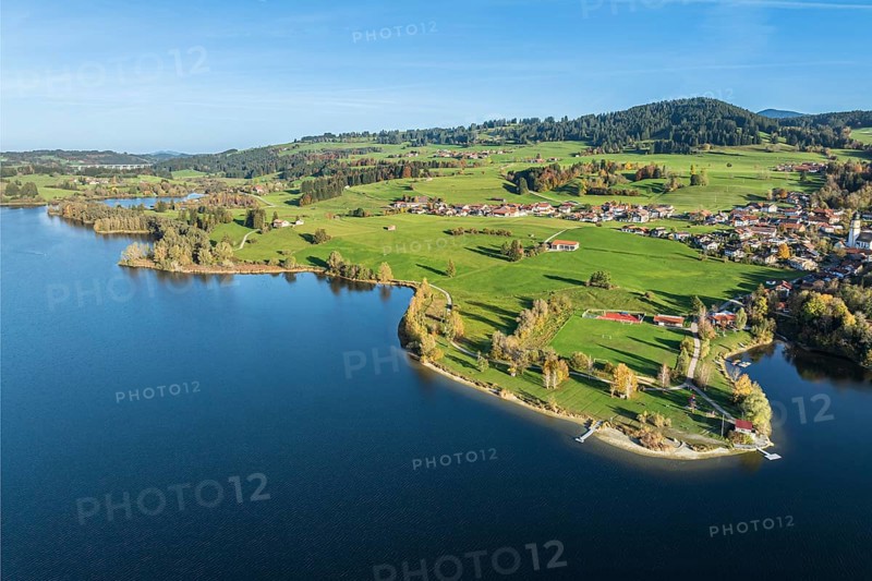 Sports facility and bathing area, lake Rottachsee, village Petersthal, autumn, aerial view, Allgaeu, Bavaria, Germany, Europe