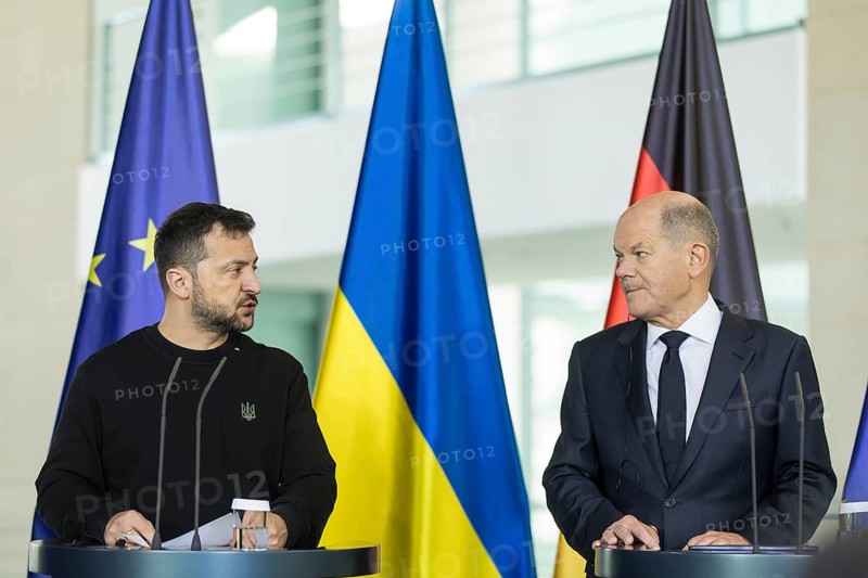 Volodymyr Zelensky (President of Ukraine) and Olaf Scholz (Chancellor of the Federal Republic of Germany) give a press statement at the Federal Chancellery, 11 October 2024
