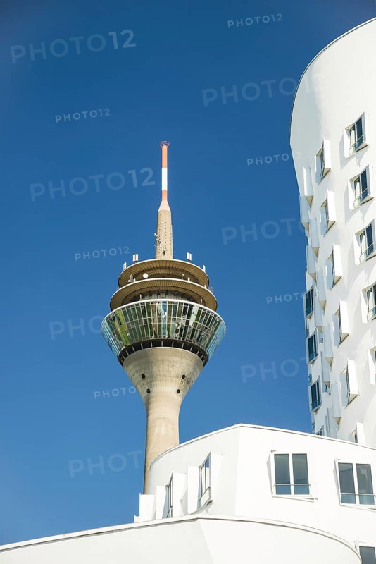 Gehry buildings and television tower, Media Harbour, Neuer Zollhof, Düsseldorf, North Rhine-Westphalia, Germany, Europe