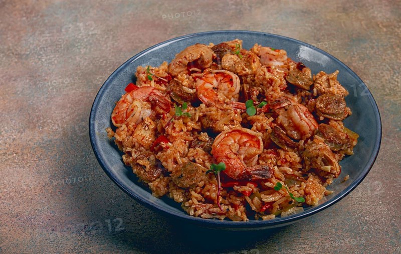 Jambalaya, Creole dish, American pilaf, rice with chicken and shrimp, vegetables, homemade, no people