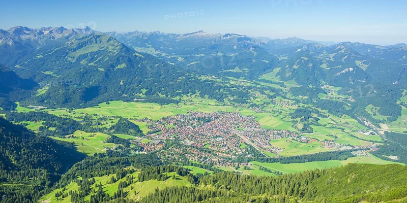 Panorama from the Gaisalphorn, 1953m, on Oberstdorf, behind it the Kleinwalsertal, Allgaeuer Alps, Allgaeu, Bavaria, Germany, Europe