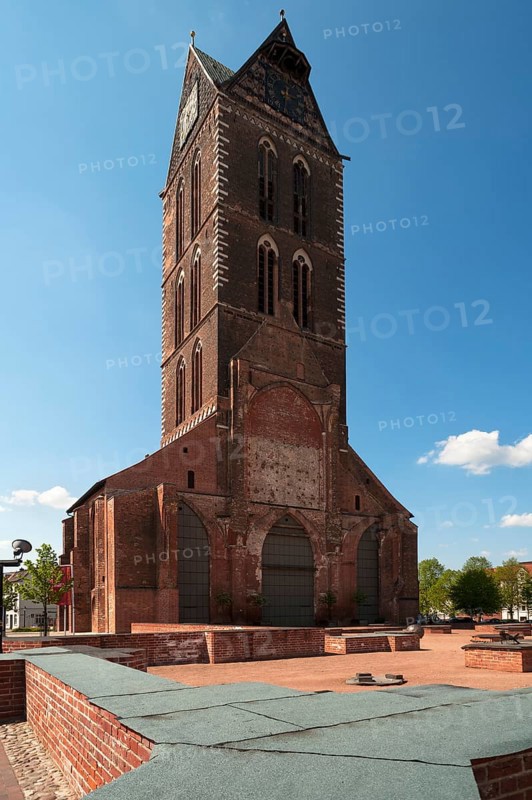 St.Marien, 14th century, except for the tower destroyed in World War II, in front foundation wall of the former church, Wismar, Mecklenburg-Vorpommern, Germany, Europe