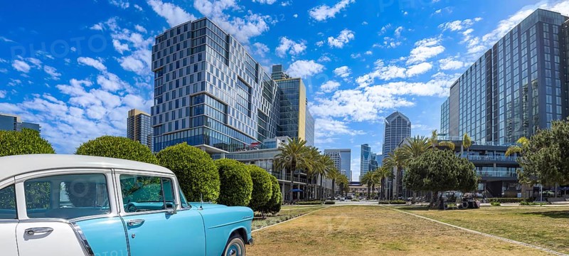 USA, Scenic San Diego downtown financial district city skyline and skyscrapers., North America