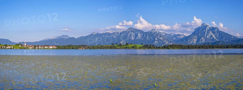 Hopfensee, behind it Hopfen am See, Tegelberg, 1881m, and Saeuling, 2047m, Ostallgaeu, Allgaeu, Swabia, Bavaria, Germany, Europe