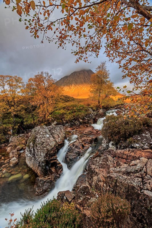 Waterfall, wild river, cloudy mood, morning light, autumn colours, autumn, mountains, Buachaille Etive Mòr, Glencoe, Scottish Highlands, Scotland, Great Britain