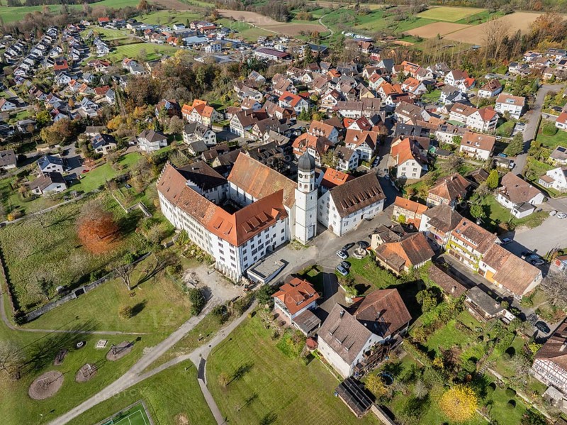 Aerial view of the former Augustinian canons' monastery and collegiate church in the Höri community of Öhningen, Höri peninsula, Lake Constance, Constance district, Baden-Württemberg, Germany, Europe