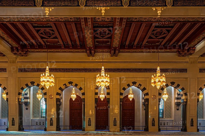 Side entrances with illuminated chandeliers of the Sultan Qaboos Mosque, Muscat, Arabian Peninsula, Sultanate of Oman