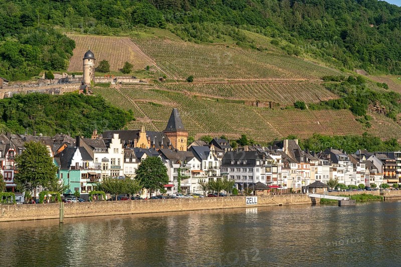 View of the Moselle and the village of Zell, Rhineland-Palatinate, Germany, Europe