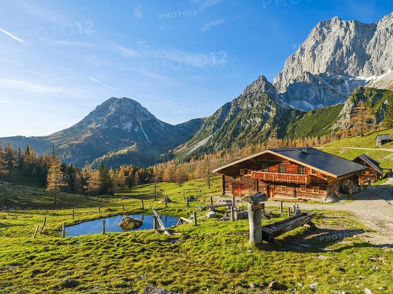Neustattalm am Dachstein, alpine pasture, Dachstein, Dachstein mountains, Dachstein south face, blue sky, Ramsau am Dachstein, Styria, Austria, Europe