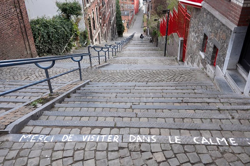 Montagne de Bueren, staircase with 260 metres length and 67 metres difference in height, from old town Liège to residential area, left and right houses, red railing, view down, a person is going down, inscription Merci de visiter dans le calme, Liège, Belgium, Europe