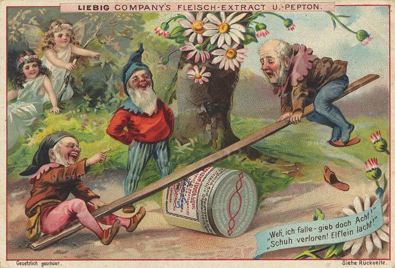 Picture series Elves and gnomes, dwarves swinging on a tin, Liebig picture, digitally restored reproduction of a collector's picture from around 1900, public domain, exact date unknown, dwarves and elves having fun on a seesaw in the garden