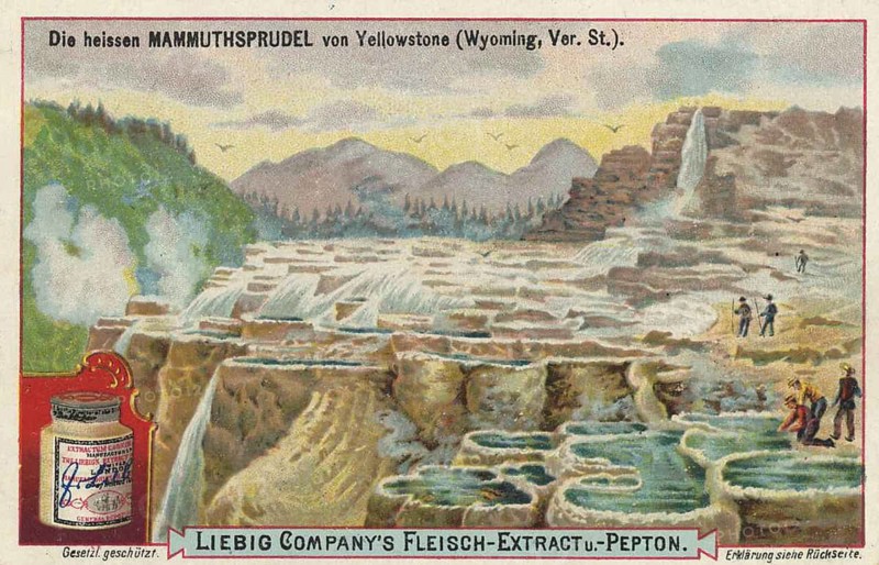 Picture series volcanic landscapes, the hot mammoth gushes of Yellowstone in Wyoming, America, Liebig picture, digitally restored reproduction of a collection picture from ca 1900, public domain, exact date unknown, nature depiction of the mammoth tracks with waterfalls and terraces