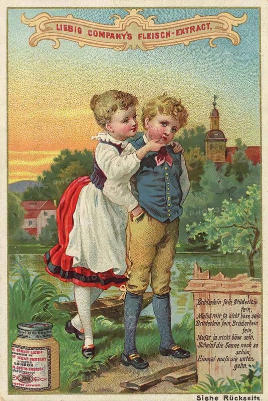 Picture series Children, Brüderlein must mir nicht mehr böse sein, Brother and sister, Liebig picture, digitally restored reproduction of a collector's picture from around 1900, public domain, exact date unknown, Two loving children stand in an idyllic landscape. A town can be seen in the background