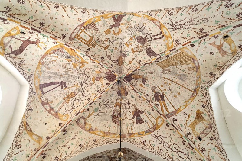 Religious frescoes by the Elmelunde Master in the church of Elmelunde, Mön Island, Denmark, Europe