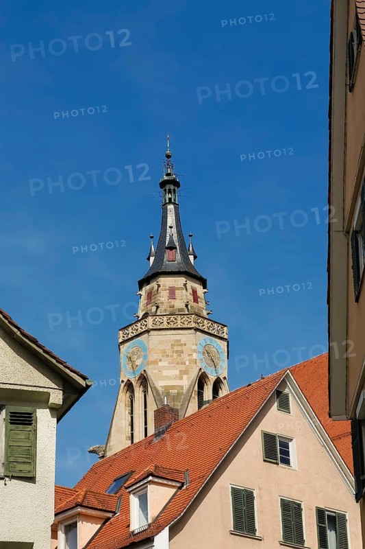 Houses, at the back collegiate church zu St. Georg, Protestant parish church, church, sacred building, church tower, clock, master builder Peter von Koblenz and Hans Augsteindreyer, historic old town, university town, Tübingen, Baden-Württemberg, Germany, Europe