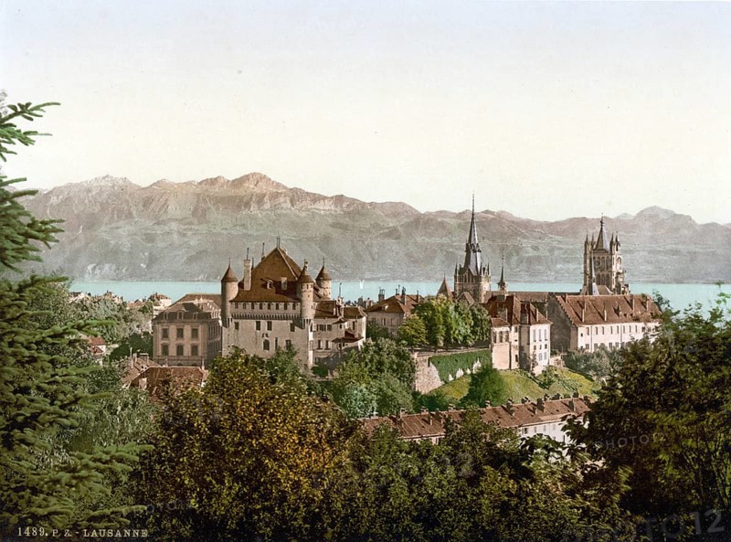 Lausanne, general view, with Savoy Alps, Geneva Lake, Switzerland, Historic, digitally restored reproduction from a 19th century original, Record date not stated, general view, with Savoy Alps, Geneva Lake, Switzerland, Historic, digitally restored reproduction from a 19th century original, Record date not stated, Europe
