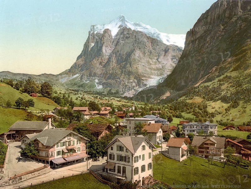 Grindelwald und Wetterhorn, Bernese Oberland, Switzerland, Historic, digitally restored reproduction from a 19th century original, Record date not stated, Grindelwald and Wetterhorn Mountain, Bernese Oberland, Switzerland, Historic, digitally restored reproduction from a 19th century original, Record date not stated, Europe