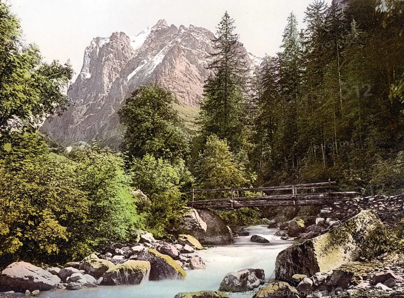 Schwarze Lütschine und Wetterhorn, Bernese Oberland, Switzerland, Historic, digitally restored reproduction from a 19th century original, Record date not stated, Schwarze Lutschine and Wetterhorn Mountain, Bernese Oberland, Switzerland, Historic, digitally restored reproduction from a 19th century original, Record date not stated, Europe