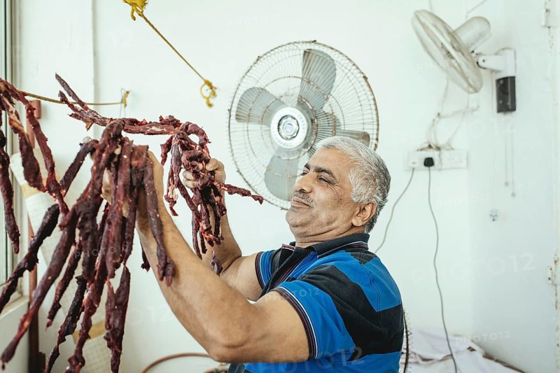 Dried camel meat in the camel restaurant with its own camel butchery on the state road from Salalah to Muscat near Wadi Hanun, Dhofar, Oman, Asia