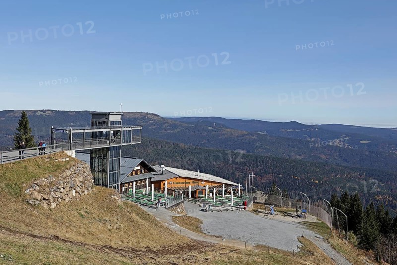 View from the Arber to Arber mountain station, Eisensteiner Hütte, Arber, Bavarian Forest, Bavaria, Germany, Europe
