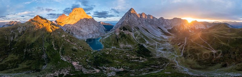 Alpine panorama, Hohe Warte and Wolayersee, sunset in the mountains, aerial view, Carnic Alps, Carnic Alps main ridge, Austria, Europe