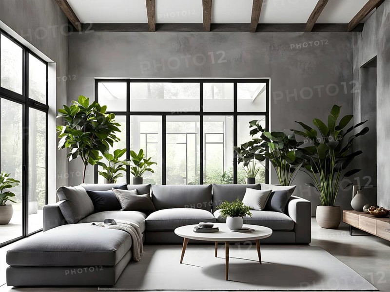 Render of a minimalist living room with clean lines and neutral tones, featuring a modern grey sofa, a single potted plant, and soft natural light streaming through large floor-to-ceiling windows, AI generated