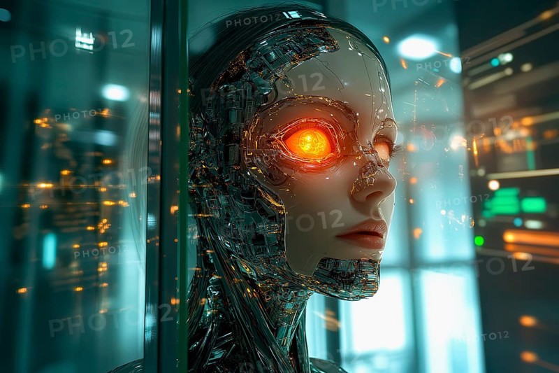 Conceptual symbolism of artificial Intelligence represented by a humanoid face with a glowing orange eye emerging from a computer, AI generated