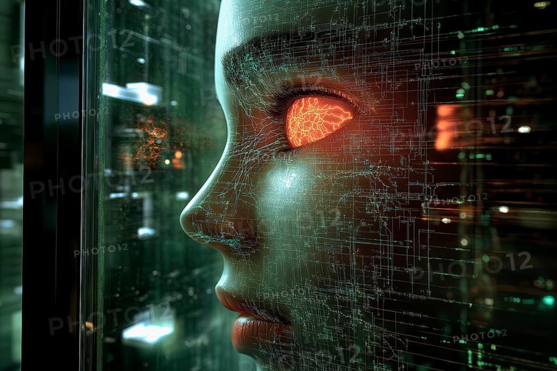 Conceptual symbolism of artificial Intelligence represented by a human face with a glowing orange eye emerging from a computer, AI generated