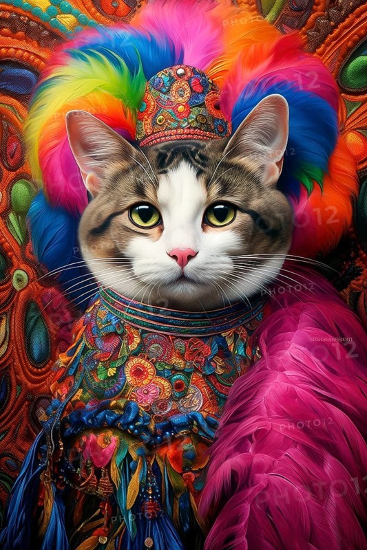 Bengal cat dressed in colorful carnival clothing, AI generated