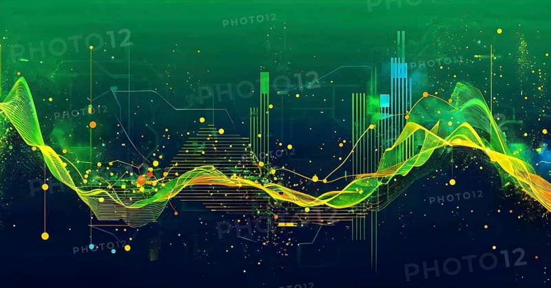 Abstract illustration of digital wave forms and circuits converging to form abstract symbols of various sports, then dispersing into flowing particles, AI generated
