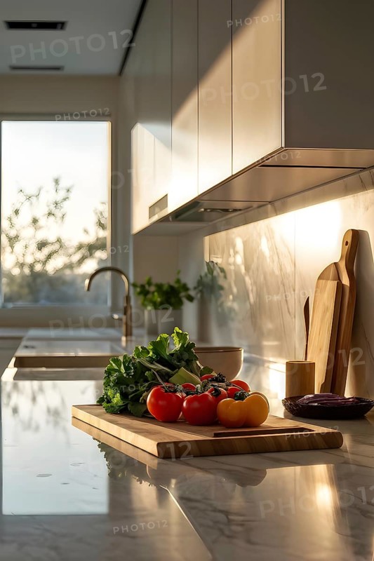 Minimalist kitchen with sleek, white cabinetry and a marble countertop, featuring a single wooden cutting board with freshly cut vegetables, AI generated