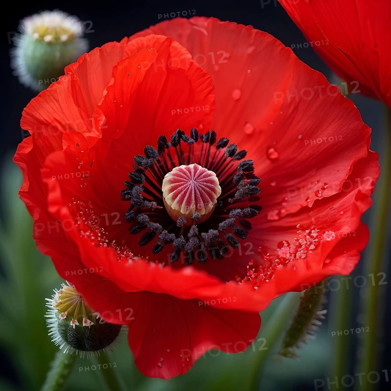 Macro of a common poppy (Papaver rhoeas), capturing the delicate red petals and intricate stamen details, AI generated