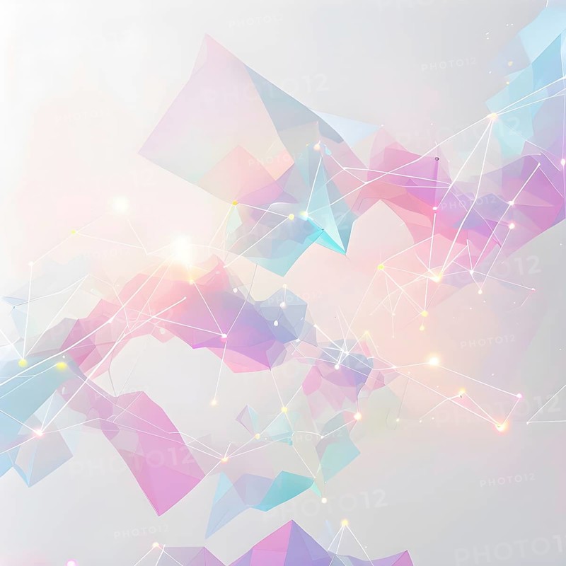 Abstract polygons shifting and rotating seamlessly, connected by glowing lines representing AI networks, pastel hues, AI generated